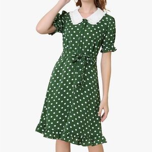 Allegra K Green Polka Dot Midi Dress with White Collar and Tie Waist